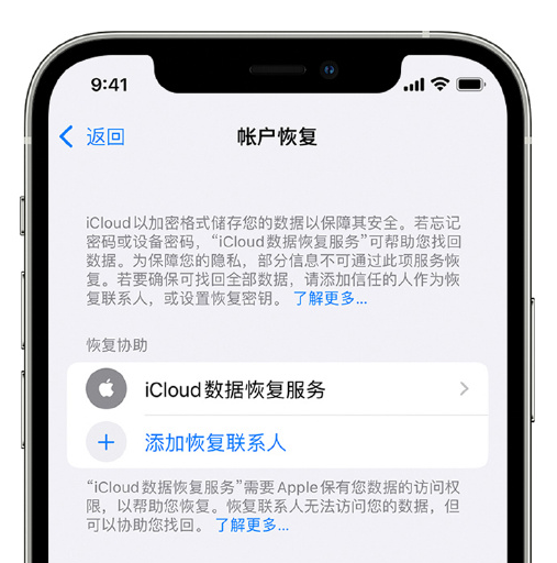 平山苹果手机维修分享在 iPhone 上设置帐户恢复联系人的方法 